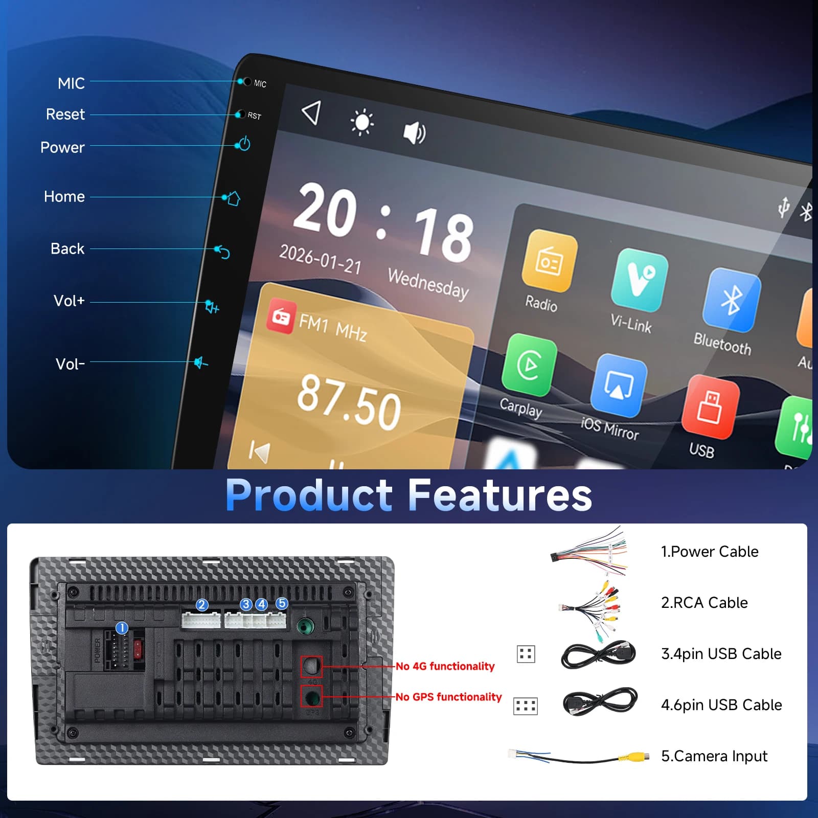 Podofo 2Din Wireless CarPlay Car Stereo Radio 9" MP5 Car Multimedia Player Bluetooth FM RDS Android Auto IPS Screen Car Intelligent Systems