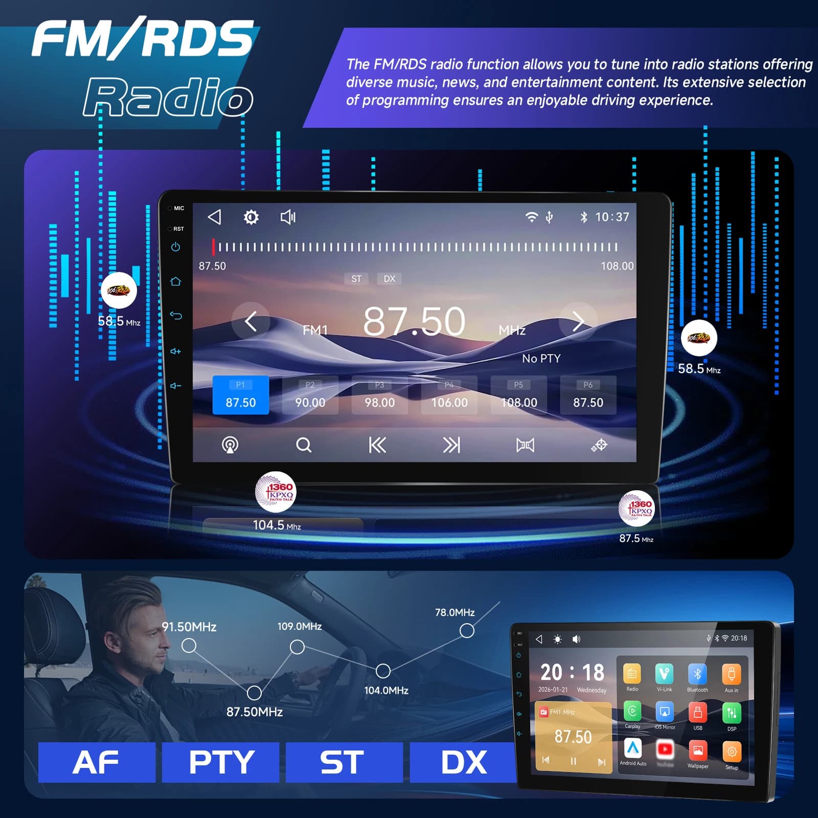 Podofo 2Din Wireless CarPlay Car Stereo Radio 9" MP5 Car Multimedia Player Bluetooth FM RDS Android Auto IPS Screen Car Intelligent Systems