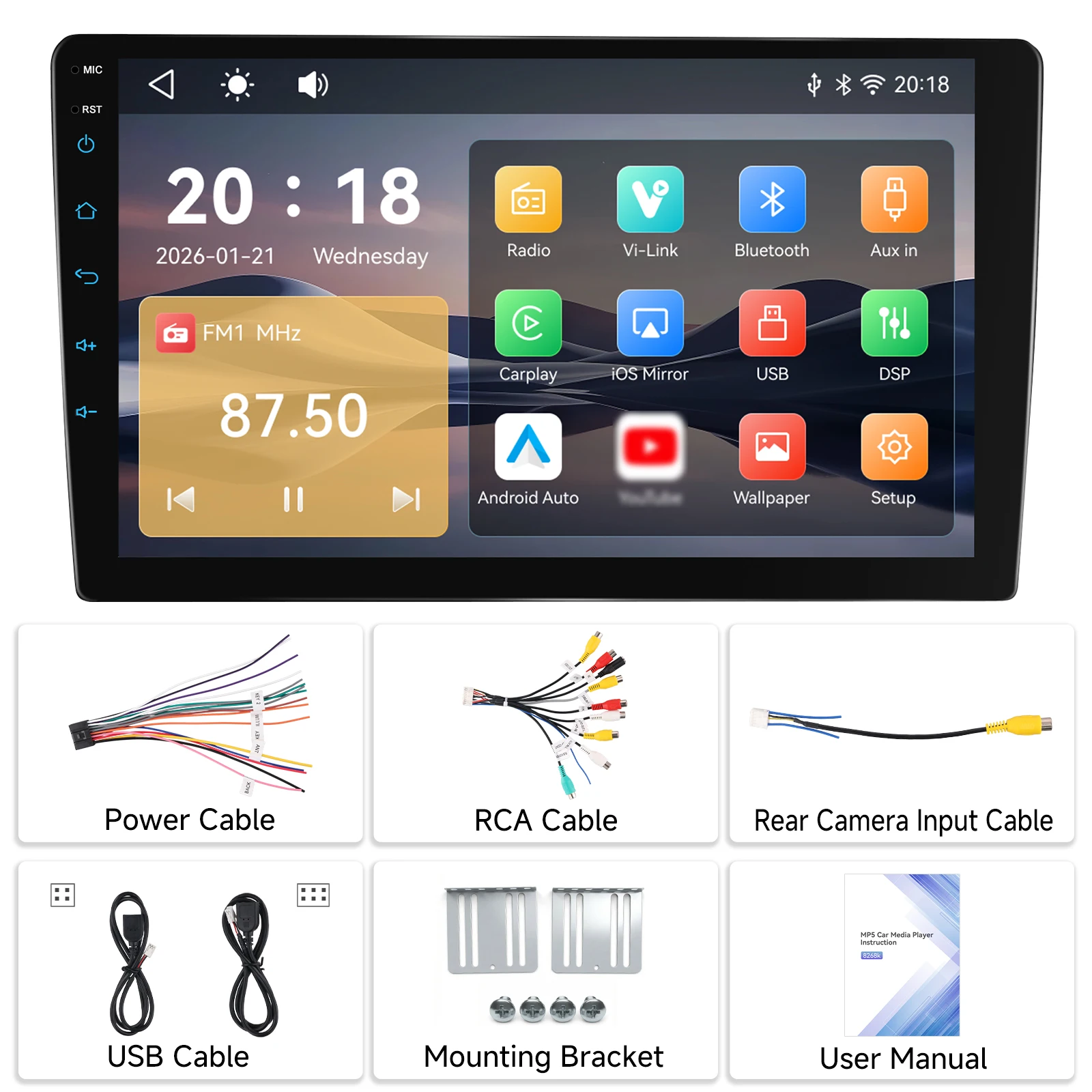 Podofo 2Din Wireless CarPlay Car Stereo Radio 9" MP5 Car Multimedia Player Bluetooth FM RDS Android Auto IPS Screen Car Intelligent Systems